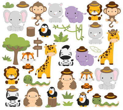 A Vector Set of Cute and Simple Safari Jungle Animals