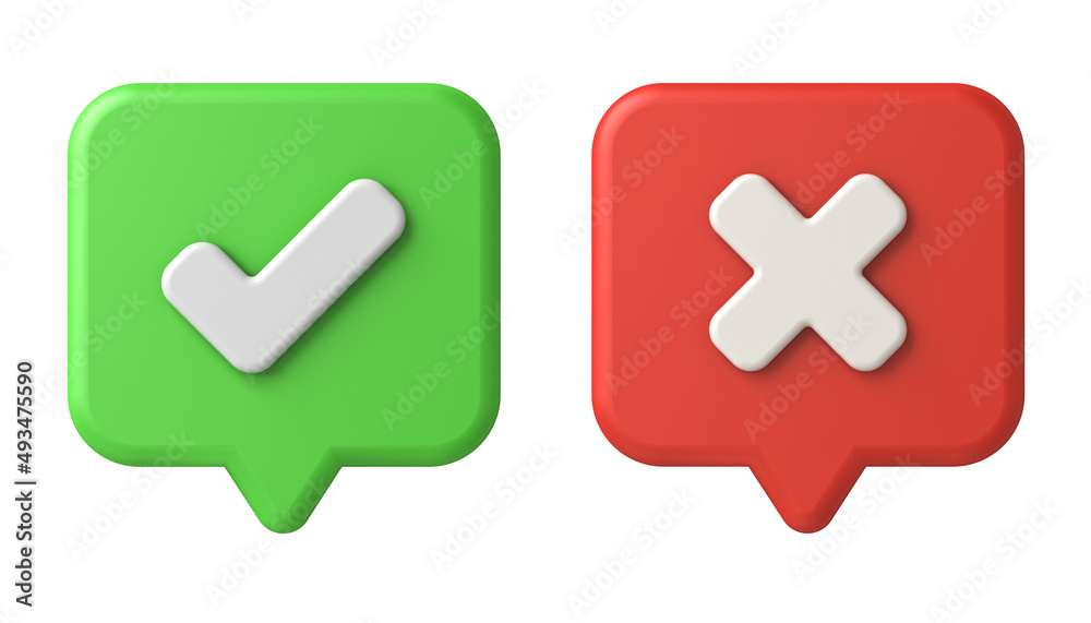 Fototapete check mark and cross isolated on white background 3d rendering