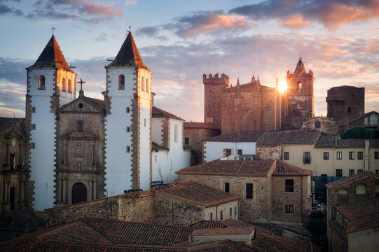 Scenic sunset in the medieval city of Caceres, Spain. High quality photo