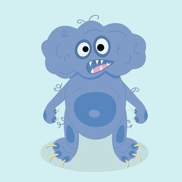 Cute blue surprised  monster with wool and teeth