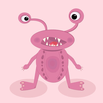 Cute pink lizard-like monster with teeth on pink background