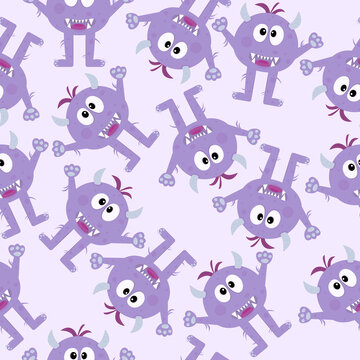 Seamless Pattern With Cute Purple Monsters On Lilac Background