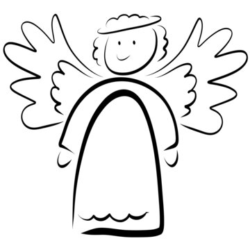 recommend clip art: Cute smiling angel in a dress with wings, black outline