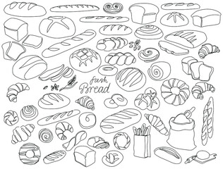 Continuous line bakery. One line bread, pretzel, croissant, baguette, bagel, muffin, loaf, cinnamon roll. Vector baked food set
