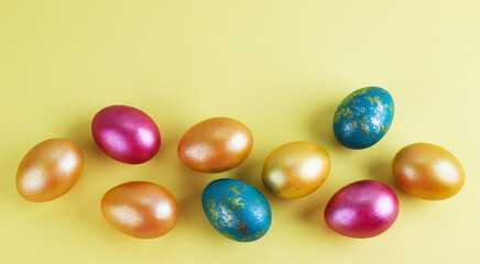 Red Easter eggs on a bright background. Easter background with eggs close up. Place for text.