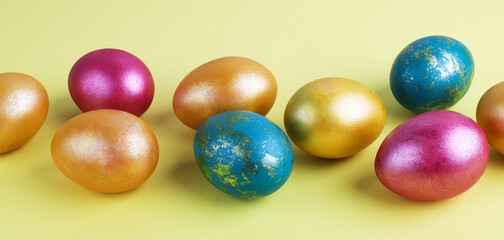 Red Easter eggs on a bright background. Easter background with eggs close up. Place for text.