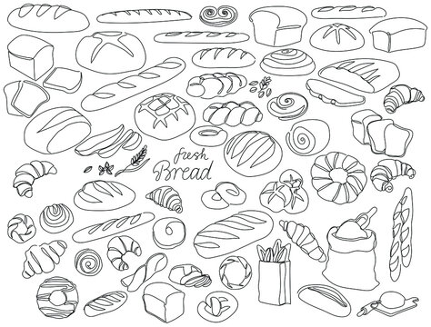 Continuous line bakery. One line bread, pretzel, croissant, baguette, bagel, muffin, loaf, cinnamon roll. Vector baked food set