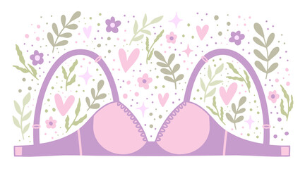 Vector illustration of a bra with twigs, hearts, stars, flowers and dots in delicate colors on a white background.