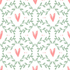 Seamless vector pattern with leaves and hearts on a white background.