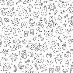 Seamless pattern with spooky doodle Halloween icons.