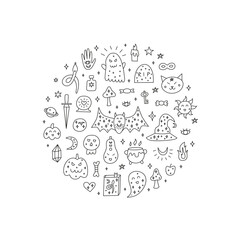 Doodle Halloween icons composed in circle shape.