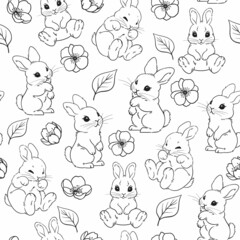 seamless spring pattern, Easter bunnies and apple blossoms, cute little hares, hand-drawn vector illustration, line graphics, on a white background. coloring or printing on fabric
