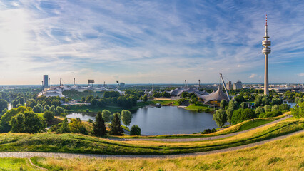 Munich Germany, panorama city skyline at Olympiapark garden - 493478572