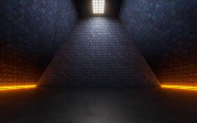 Dark brick room with top light, 3d rendering.