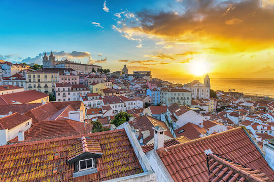 Lisbon Portugal sunrise city skyline at Lisbon Alfama district