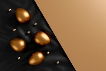 golden easter eggs, golden ball and empty paper on balck fabric background.  flat lay. top view. happy easter day concept. space for text. 3D illustration