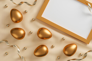 golden easter eggs, golden ball and empty photo frame on white fabric background.  flat lay. top view. happy easter day concept. space for text. 3D illustration