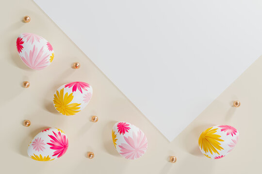 white easter eggs and candy ball on white fabric background.  flat lay. top view. happy easter day concept. 3D illustration