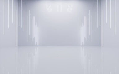 White empty room with glowing neon lines, 3d rendering.