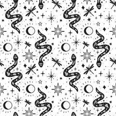 Boho celestial snake mystical seamless pattern. Vector