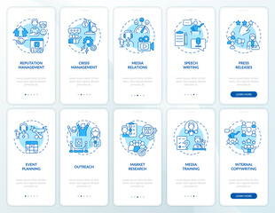 PR services blue onboarding mobile app screen set. Business reputation walkthrough 5 steps graphic instructions pages with linear concepts. UI, UX, GUI template. Myriad Pro-Bold, Regular fonts used