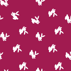 Seamless pattern with white silhouette Easter rabbits on pink background. Design for card, postcard, wallpaper, fabric, textile. Vector stock illustration. Cartoon style
