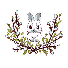 A small spring Easter bunny surrounded by willow branches, an Easter willow and a nest, a gray hare hand-drawn on a white background for printing A cartoon symbol of the symbol of the spring holiday