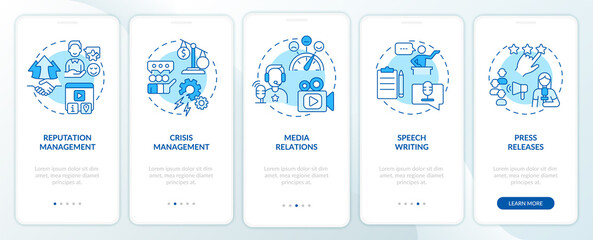 PR services types blue onboarding mobile app screen. Business promotion walkthrough 5 steps graphic instructions pages with linear concepts. UI, UX, GUI template. Myriad Pro-Bold, Regular fonts used
