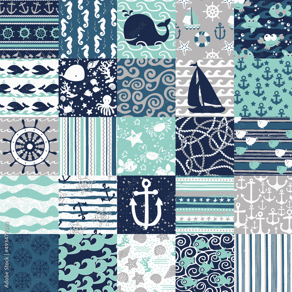 Sticker Cute nautical sailing fabric patchwork cartoon vintage marine vector seamless pattern for children wear