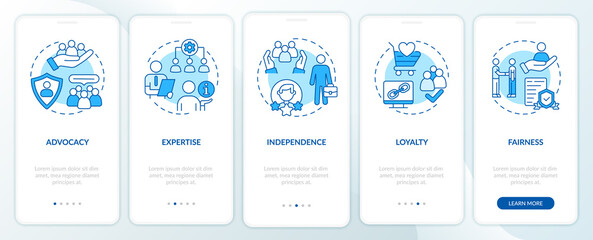 PR code of ethics blue onboarding mobile app screen. Principles walkthrough 5 steps graphic instructions pages with linear concepts. UI, UX, GUI template. Myriad Pro-Bold, Regular fonts used