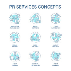 PR services turquoise concept icons set. Promotion of business. Advertising agency idea thin line color illustrations. Isolated symbols. Editable stroke. Roboto-Medium, Myriad Pro-Bold fonts used