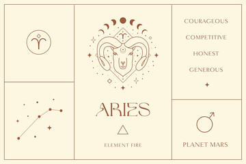 Aries Zodiac Sign Design Illustrations. Esoteric Vector Element, Icon - 493479374
