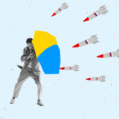 Contemporary art collage. Man hiding, covering himself with umbrella in blue and yellow colors from...