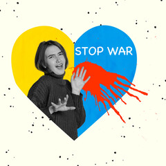 Contemporary art collage. Young emotive girl praying to stop the war isolated over blue and yellow heart shape