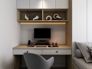 3D rendering, elegant and modern bedroom design, big bed with overcoat cabinet, coffee table, TV, carpet, etc., very comfortable and leisure.