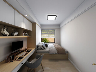 3D rendering, elegant and modern bedroom design, big bed with overcoat cabinet, coffee table, TV, carpet, etc., very comfortable and leisure.