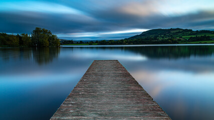 Llangorse Lake boardwalk in the Brecon Beacons at sunset