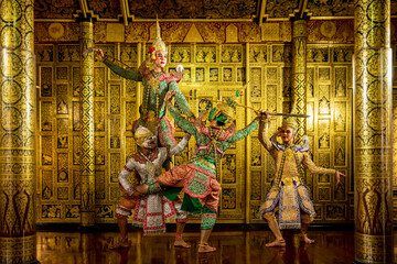 Masked giant dancing khon ramayana khon Ravana. Traditional ancient and classical dance traditions,...