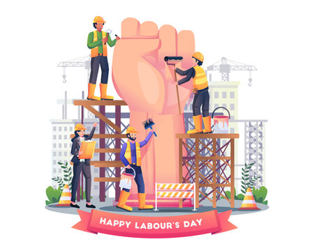 Construction workers are building a giant fist arm to celebrate labour day on 1st May. Flat style vector illustration