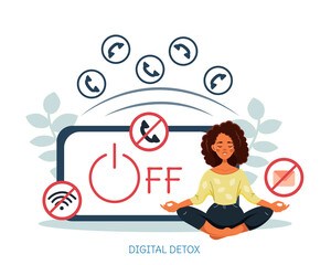Digital detox concept. An African-American woman is sitting in the lotus position. Rejection of negative news, gadgets, the Internet, social networks. Maintaining mental health. Vector