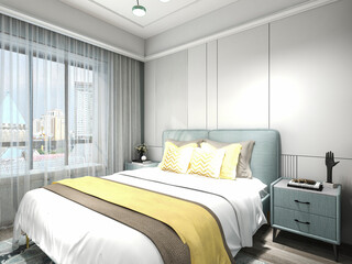 3D rendering, elegant and modern bedroom design, big bed with overcoat cabinet, coffee table, TV, carpet, etc., very comfortable and leisure.