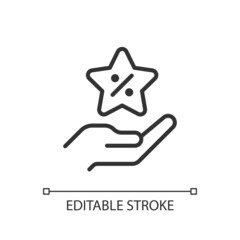 Bonus discount pixel perfect linear icon. Percentage discount. Holiday specials. Price decreasing. Thin line illustration. Contour symbol. Vector outline drawing. Editable stroke. Arial font used