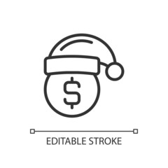 Obraz premium Holiday bonus pixel perfect linear icon. Christmas premium pay. Showing appreciation for employees. Thin line illustration. Contour symbol. Vector outline drawing. Editable stroke. Arial font used