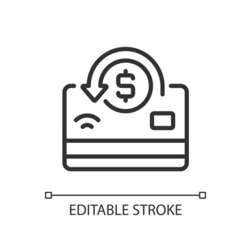 Cashback pixel perfect linear icon. Receiving percentage of purchases back. Refunds and chargebacks. Thin line illustration. Contour symbol. Vector outline drawing. Editable stroke. Arial font used