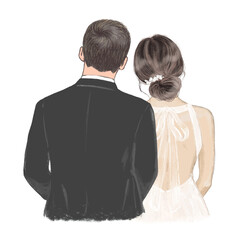 Beautiful couple in Wedding day hand drawn Illustration - 493480962