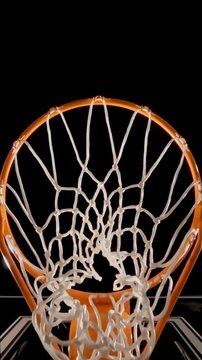 Directly under close-up view of a basketball net and rim against a black background, as a free throw is nothing but net for the score.