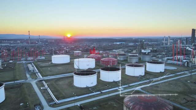 Aerial sunset of petroleum refinery plant crude oil price rising and hit all time high, price chart graphic skyrocket global economical crisis