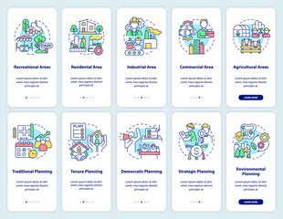 Obraz premium Land management onboarding mobile app screen set. Environmental planning walkthrough 5 steps graphic instructions pages with linear concepts. UI, UX, GUI template. Myriad Pro-Bold, Regular fonts used