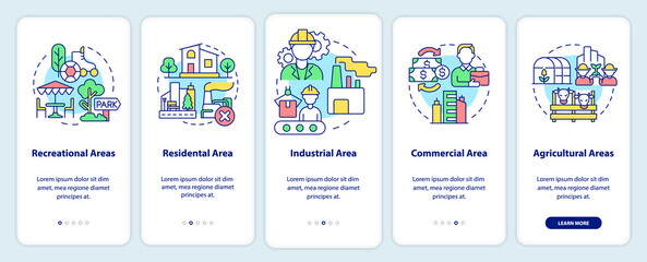 Types of land-use onboarding mobile app screen. Recreational areas walkthrough 5 steps graphic instructions pages with linear concepts. UI, UX, GUI template. Myriad Pro-Bold, Regular fonts used