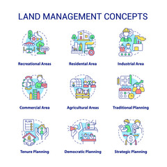Obraz premium Land management concept icons set. Recreational and residential areas idea thin line color illustrations. Strategic plan. Isolated symbols. Editable stroke. Roboto-Medium, Myriad Pro-Bold fonts used